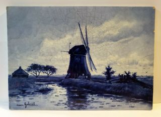 Early Antique Signed Gabriel 1908 Porcelain Delft Tile Plaque Windmill