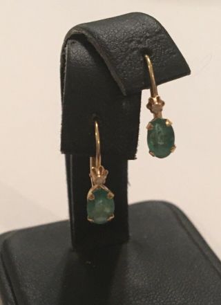 Vintage 14k Yellow Gold Oval Emerald & Diamond Dangle Earrings