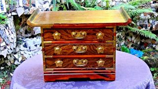 Antique Korean Carved 3 Drawers Chest /cabinet With Brass Etched Decoration