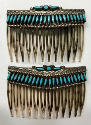 Vintage Old Zuni Sterling Silver Turquoise Hair Clips Barrette Set Of 2