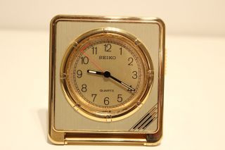 Vintage Rare Golden Tone Japan Pocket Desk Traveling Alarm Quartz Clock " Seiko "