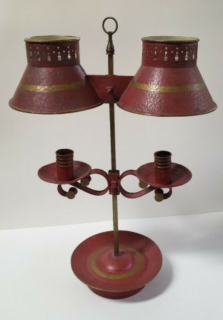 Early 19th C Tin Lamp Tole Painted Red Double Bouillote Candle Holder
