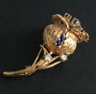 Vtg 14k Gold Designer 3d Flower Floral Blue Sapphire Diamond Pin Brooch 6.  4grams