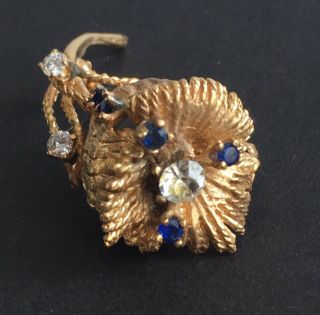 VTG 14k Gold Designer 3D Flower Floral Blue Sapphire Diamond Pin Brooch 6.  4grams 3