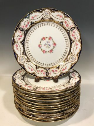 12 Cobalt & Gold Pink Rose English Porcelain Plates Cauldon Gilman Collamore