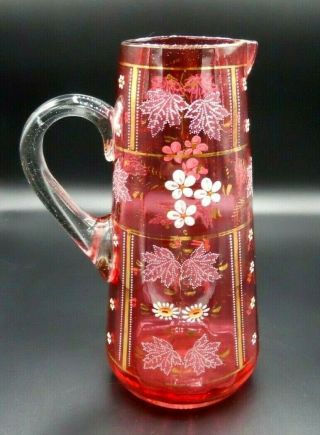 Rare Vintage Bohemian Czech Moser Cranberry Hand Painted Enameled Pitcher