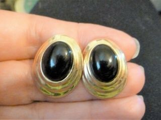 14k Yellow Gold Black Onyx Stud Earrings Big 1 " Oval Cabachons 14 Kt Vintage