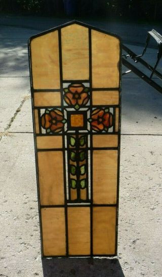 Panel Cross Stained Glass Window Church Leaded Antique Flower Pattern Antique