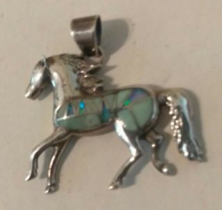 Native American Navajo Vintage Sterling Silver Turquoise Opal Inlay Horse Pendan