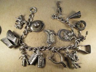 Vintage Southwest/cowboy Sterling Silver Charm Bracelet W/ 14 Charms,  34.  3g