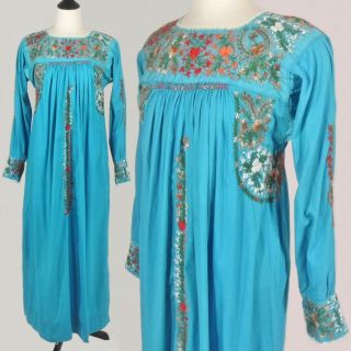 Vtg 70s Mexican Oaxacan Aqua Hand Embroidered Floral Long Sleeve Maxi Dress M