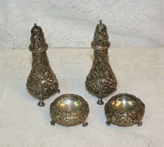 Two Pairs Of Antique Sterling Silver Salt Cellars & Shakers W/ Floral Repousse