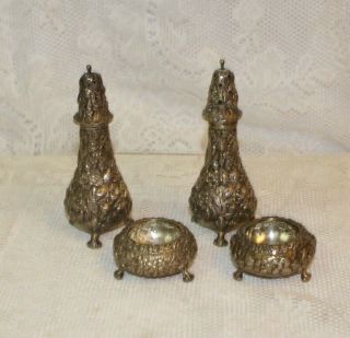 Two Pairs of Antique Sterling Silver Salt Cellars & Shakers w/ Floral Repousse 2