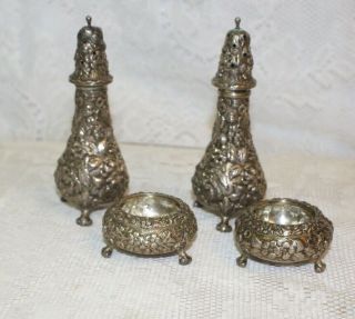 Two Pairs of Antique Sterling Silver Salt Cellars & Shakers w/ Floral Repousse 3