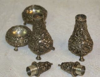 Two Pairs of Antique Sterling Silver Salt Cellars & Shakers w/ Floral Repousse 9