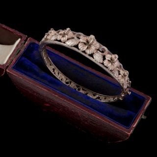 Antique Vintage Nouveau Style Sterling Silver Gold Wash Floral Bangle Bracelet