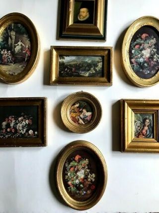 Set Of 8 Vintage Italian Miniatures In Gold Frames Including Girl On Swing