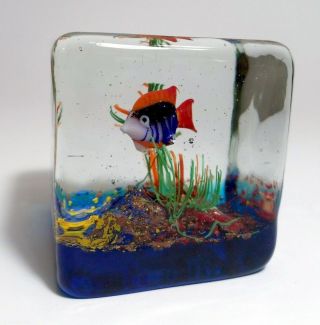 Vintage Murano Glass Fish Aquarium Paperweight Italian Art Glass 2 - 1/2 " Cube