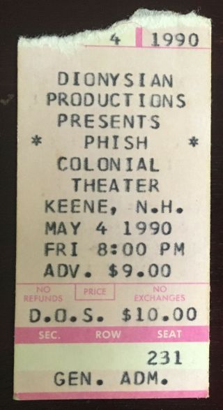 Phish Ultra Rare Ticket Stub 5/4/90 Colonial Theater Keene,  N.  H.