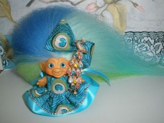 Dam Troll Doll Vintage 1960s Petite 2 - 1/2 " Peacock Mohair Artist Glass Eyes
