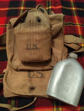 Antique Vintage Wwi Us Army Haversack Pack - Khaki - With Lf&c Canteen/cup