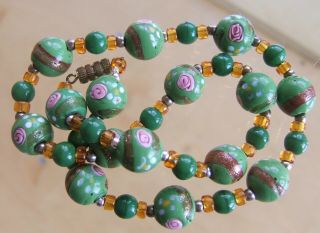 , Vintage Venetian Lampwork Green Glass Bead Necklace