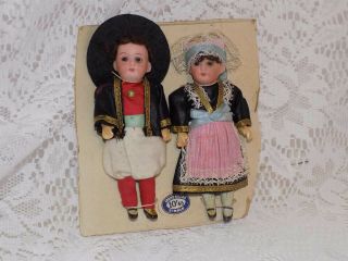 Pair Antique German Doll House Dolls On Card All