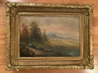 Antique Autumn Landscape Painting Oil On Canvas In Wood Frame 26x19.  5