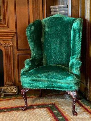 Vintage Miniature Dollhouse Artisan Early Bespaq Green Silk Velvet Wing Chair
