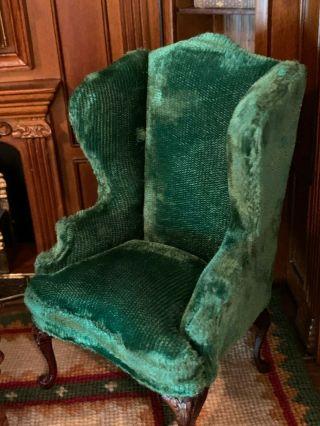 Vintage Miniature Dollhouse Artisan EARLY Bespaq Green Silk Velvet Wing Chair 3