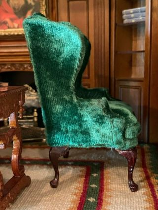 Vintage Miniature Dollhouse Artisan EARLY Bespaq Green Silk Velvet Wing Chair 4