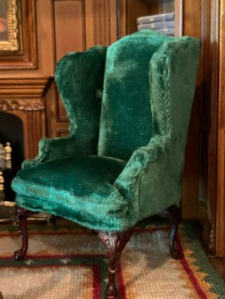 Vintage Miniature Dollhouse Artisan EARLY Bespaq Green Silk Velvet Wing Chair 7