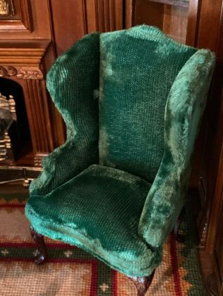 Vintage Miniature Dollhouse Artisan EARLY Bespaq Green Silk Velvet Wing Chair 8