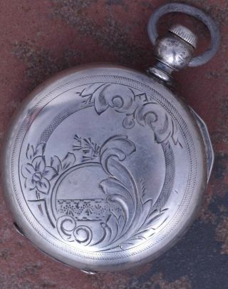 Waltham 1870s Vintage 18s 4 Oz Sterling Silver Key Wind Engraved Hunting Case 2