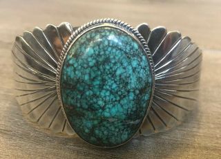 HEAVY (3.  17 OZ. ) VINTAGE NAVAJO GREEN SPIDERWEB TURQUOISE & STERLING SILVER CUFF 2