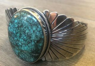 HEAVY (3.  17 OZ. ) VINTAGE NAVAJO GREEN SPIDERWEB TURQUOISE & STERLING SILVER CUFF 3