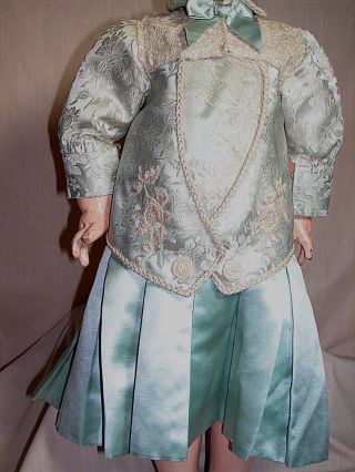 Jumeau Doll French Bebe Doll Dress Two Piece Blue Satin Brocade & Lace