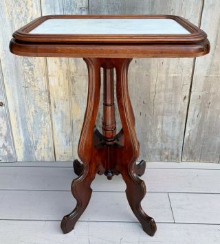 Antique Victorian Eastlake Walnut & Inset Marble Side Table Plant Stand C.  1900