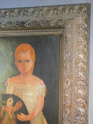 Vintage Early American Inspired Folk Art Oil Painting Girl Harlequin Cat naive 11