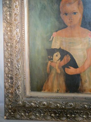 Vintage Early American Inspired Folk Art Oil Painting Girl Harlequin Cat naive 6