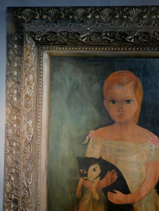 Vintage Early American Inspired Folk Art Oil Painting Girl Harlequin Cat naive 7