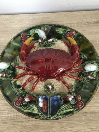 Vintage Majolica Palissy Spider Crab Mussel Plate 12 1/2 Inches Wall Hanging
