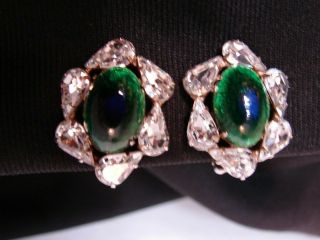 Mid Century Vintage Hattie Carnegie Blue & Green Poured Glass Earrings