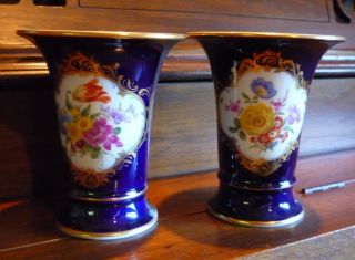 2 Vintage Meissen Trumpet Vase Cobalt Blue Floral & Gold 5 1/4 " Tall Germany