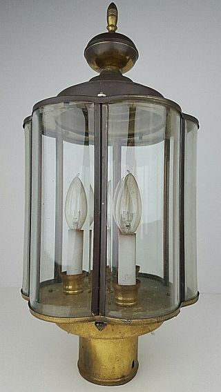 Vintage Brass Patina Curved Beveled Glass 6 Pane Outdoor Post Mount Pole Light