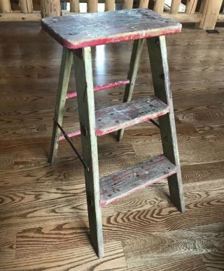 Antique Vintage Primitive Wood Metal 3 - Step Folding Stool Ladder