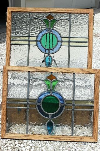 Stained glass church windows,  salvage,  oak framed pair rectangular 2