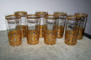 8 Vintage Culver Antigua Highball Tumblers/ Glasses Gold Crackle Trimme