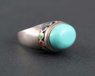 Vintage Thai Sterling Silver Enamel & Turquoise Ring,  Size 6,