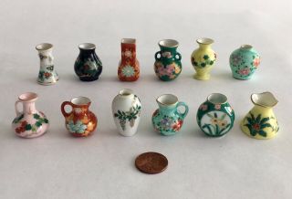 12 Vintage Japanese Miniature Porcelain Vases Jugs Cobalt,  Green,  Etc - Signed